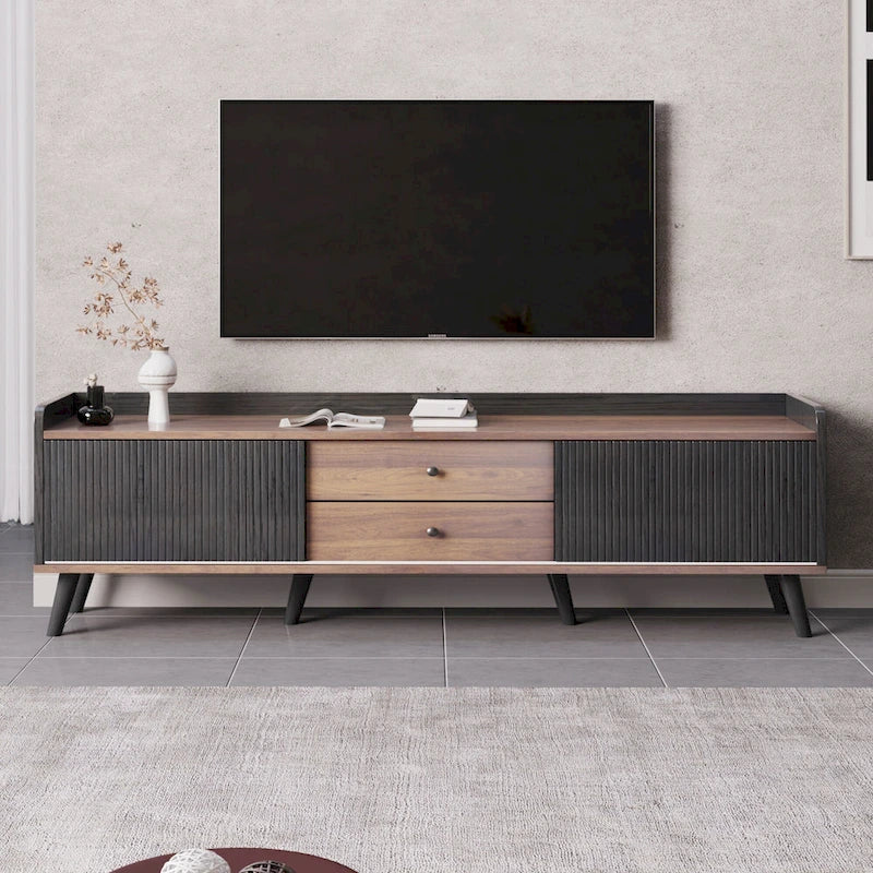 63 Mid Century TV Stand with 2 Cabinets& Open Compartments, Entertainment Center for TVs up to 70, Television Console