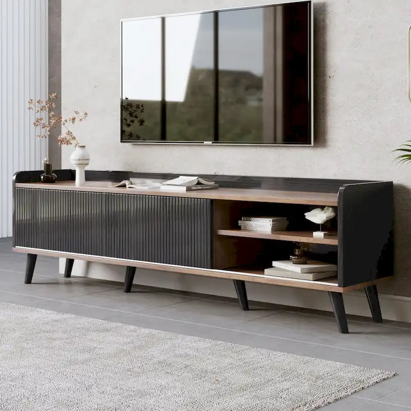 Meuble TV de 160 cm avec 2 placards et compartiments ouverts, centre de divertissement pour téléviseurs jusqu'à 70 pouces, console de télévision