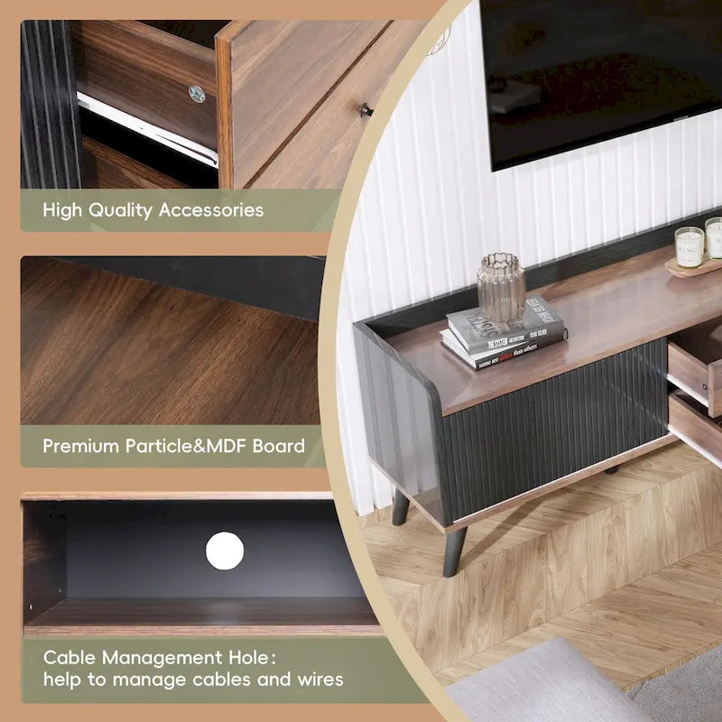 Meuble TV de 160 cm avec 2 placards et compartiments ouverts, centre de divertissement pour téléviseurs jusqu'à 70 pouces, console de télévision