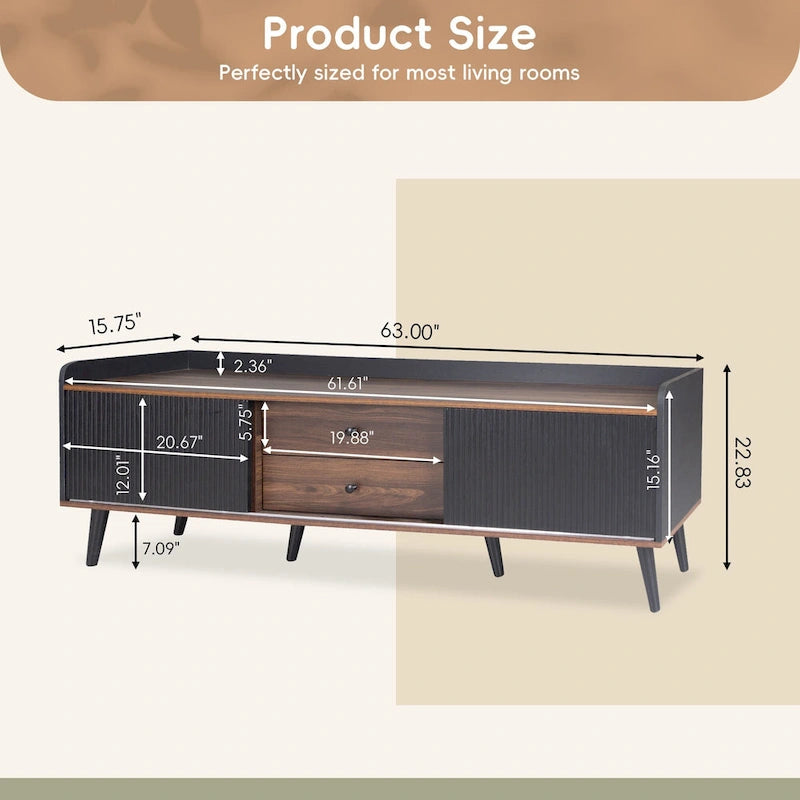 Meuble TV de 160 cm avec 2 placards et compartiments ouverts, centre de divertissement pour téléviseurs jusqu'à 70 pouces, console de télévision