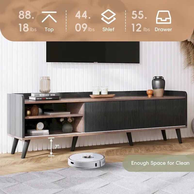 Meuble TV de 160 cm avec 2 placards et compartiments ouverts, centre de divertissement pour téléviseurs jusqu'à 70 pouces, console de télévision