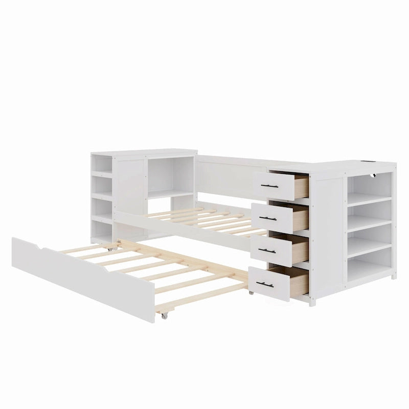 Lit de repos double avec lit gigogne ou tiroirs, armoire de rangement latérale des deux côtés, station de charge - Cadre de lit plateforme avec lattes en bois