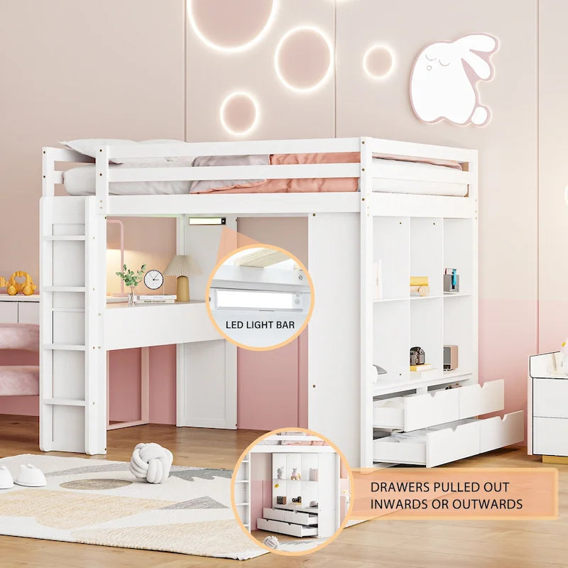 Lit mezzanine blanc pleine grandeur en bois massif avec grandes étagères, bureau et éclairage LED pour chambre à coucher