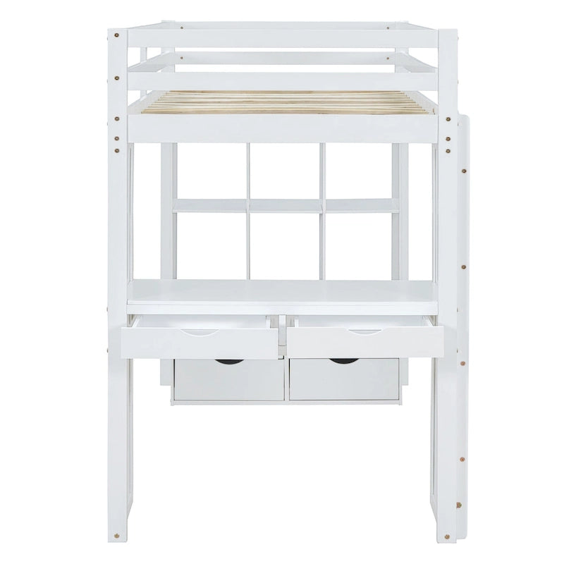 Lit mezzanine blanc pleine grandeur en bois massif avec grandes étagères, bureau et éclairage LED pour chambre à coucher