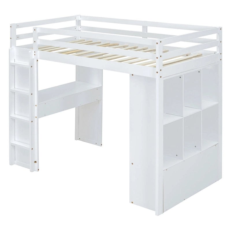 Lit mezzanine blanc pleine grandeur en bois massif avec grandes étagères, bureau et éclairage LED pour chambre à coucher