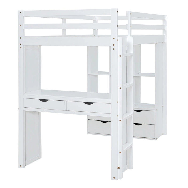 Lit mezzanine blanc pleine grandeur en bois massif avec grandes étagères, bureau et éclairage LED pour chambre à coucher