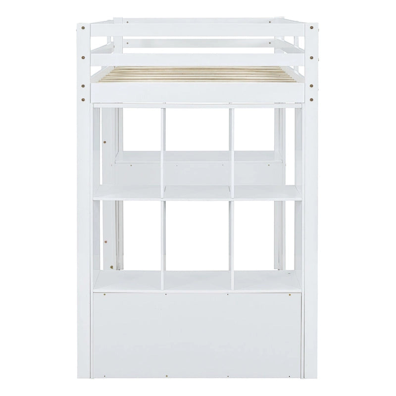 Lit mezzanine blanc pleine grandeur en bois massif avec grandes étagères, bureau et éclairage LED pour chambre à coucher