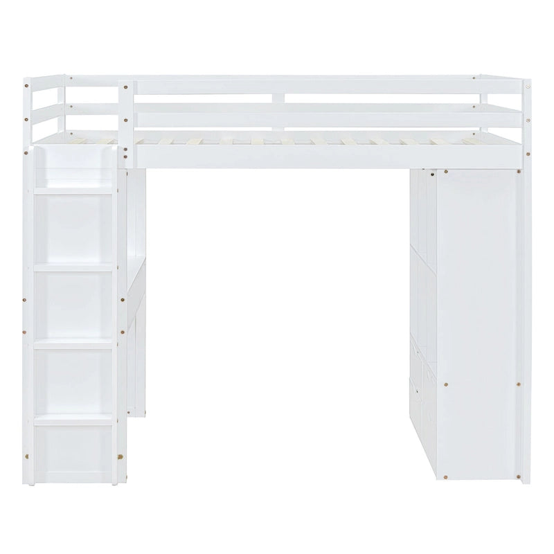 Lit mezzanine blanc pleine grandeur en bois massif avec grandes étagères, bureau et éclairage LED pour chambre à coucher