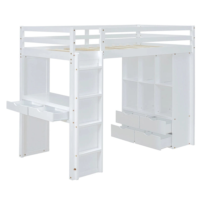 Lit mezzanine blanc pleine grandeur en bois massif avec grandes étagères, bureau et éclairage LED pour chambre à coucher
