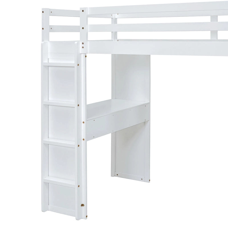 Lit mezzanine blanc pleine grandeur en bois massif avec grandes étagères, bureau et éclairage LED pour chambre à coucher