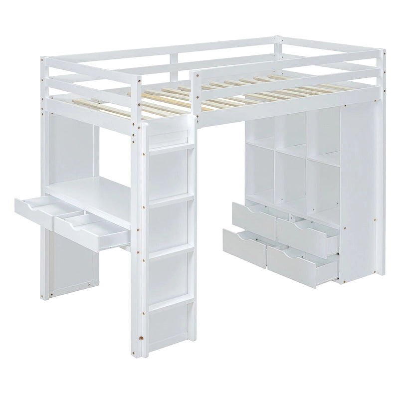 Lit mezzanine blanc pleine grandeur en bois massif avec grandes étagères, bureau et éclairage LED pour chambre à coucher