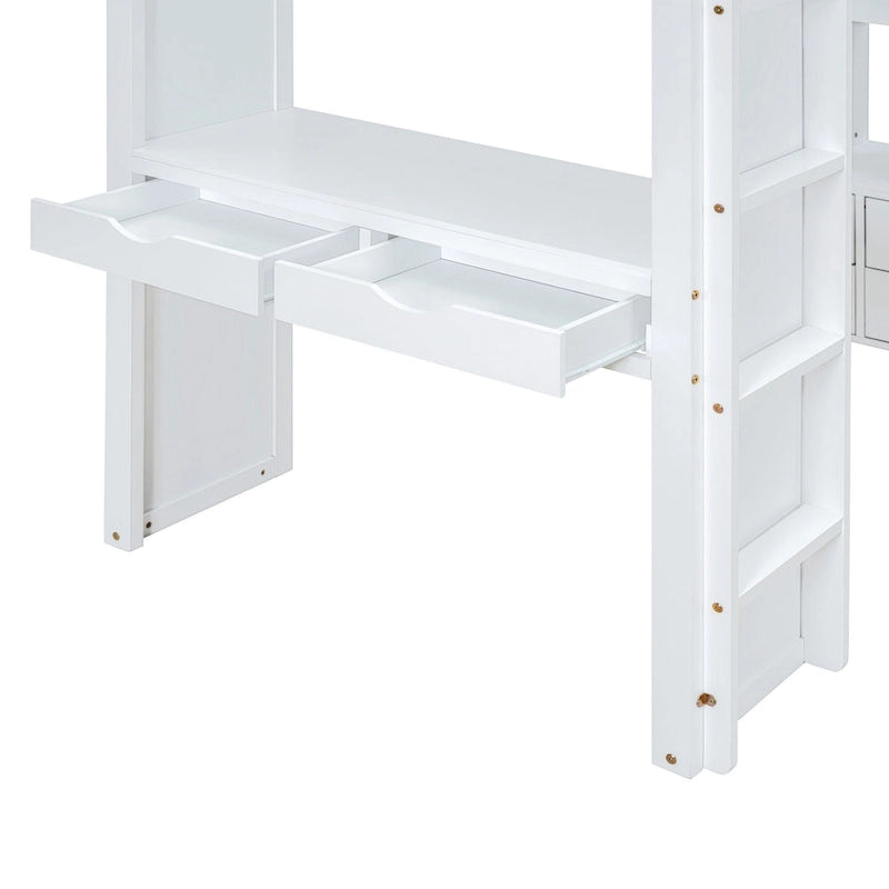 Lit mezzanine blanc pleine grandeur en bois massif avec grandes étagères, bureau et éclairage LED pour chambre à coucher