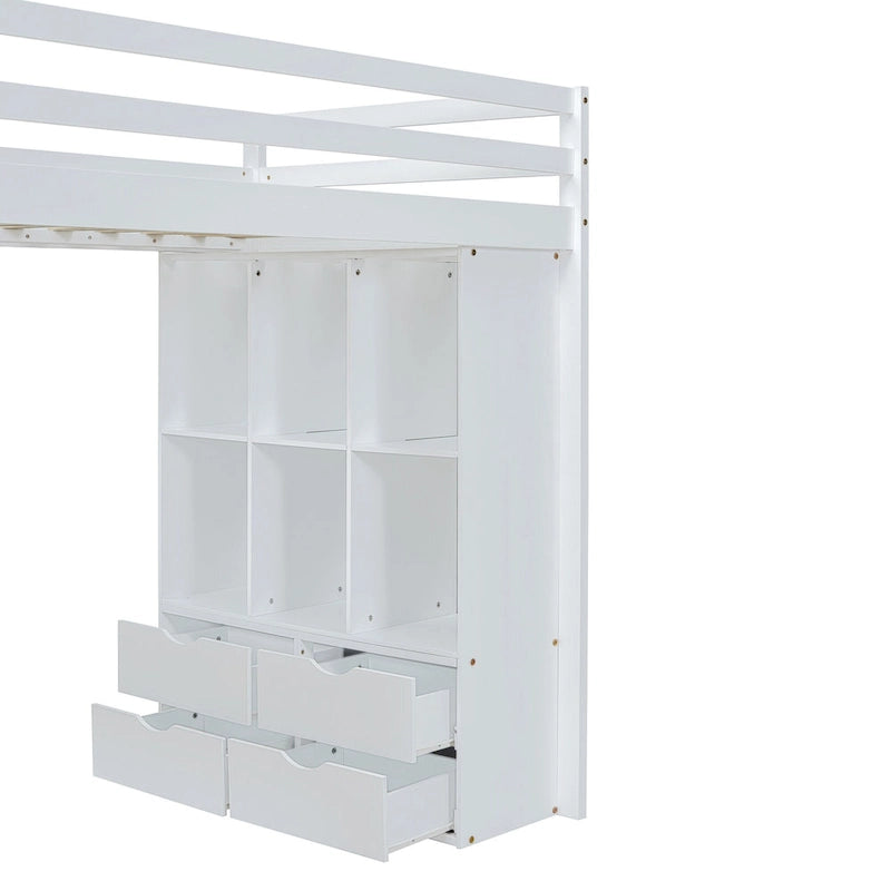 Lit mezzanine blanc pleine grandeur en bois massif avec grandes étagères, bureau et éclairage LED pour chambre à coucher