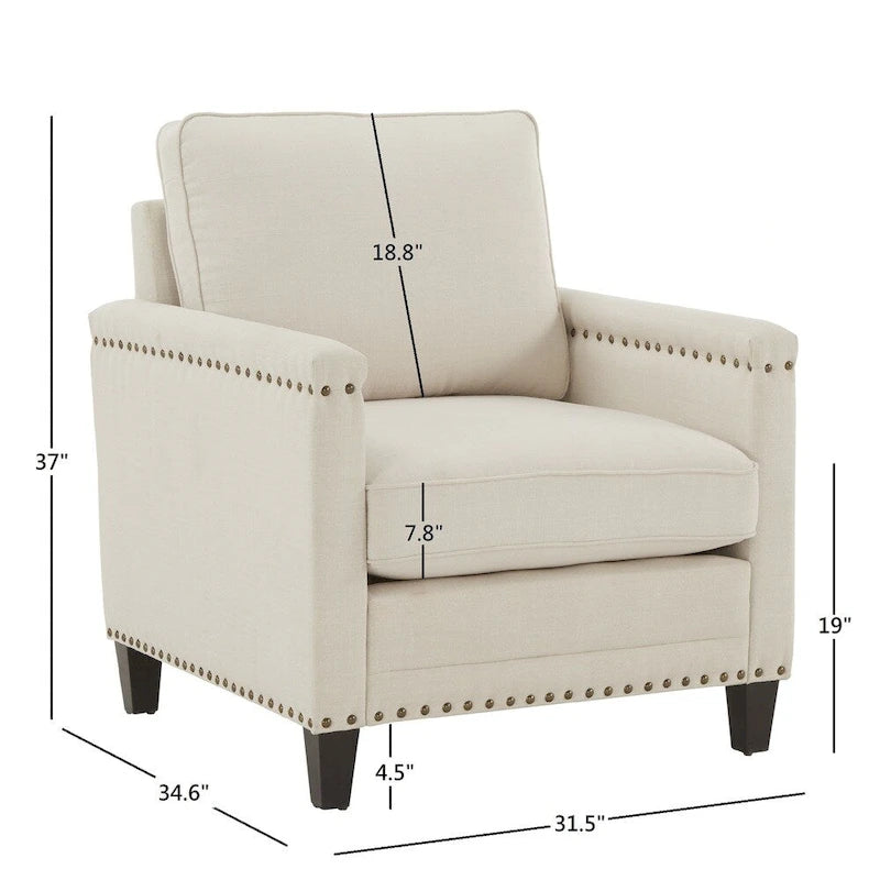 Chaise en tissu ivoire avec garniture cloutée