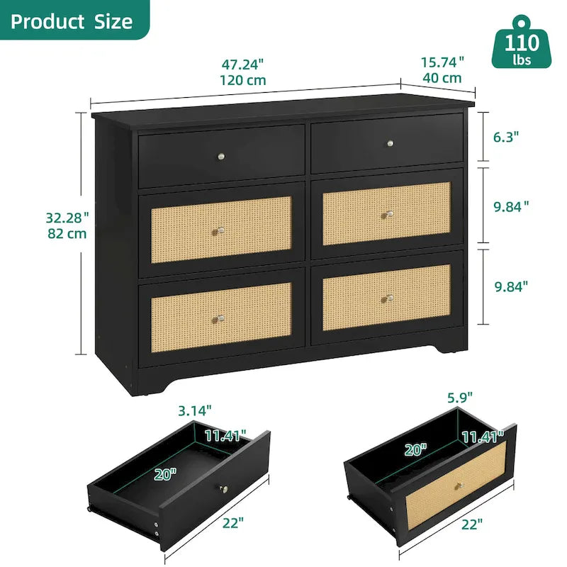 =Commode de rangement à 6 tiroirs en rotin