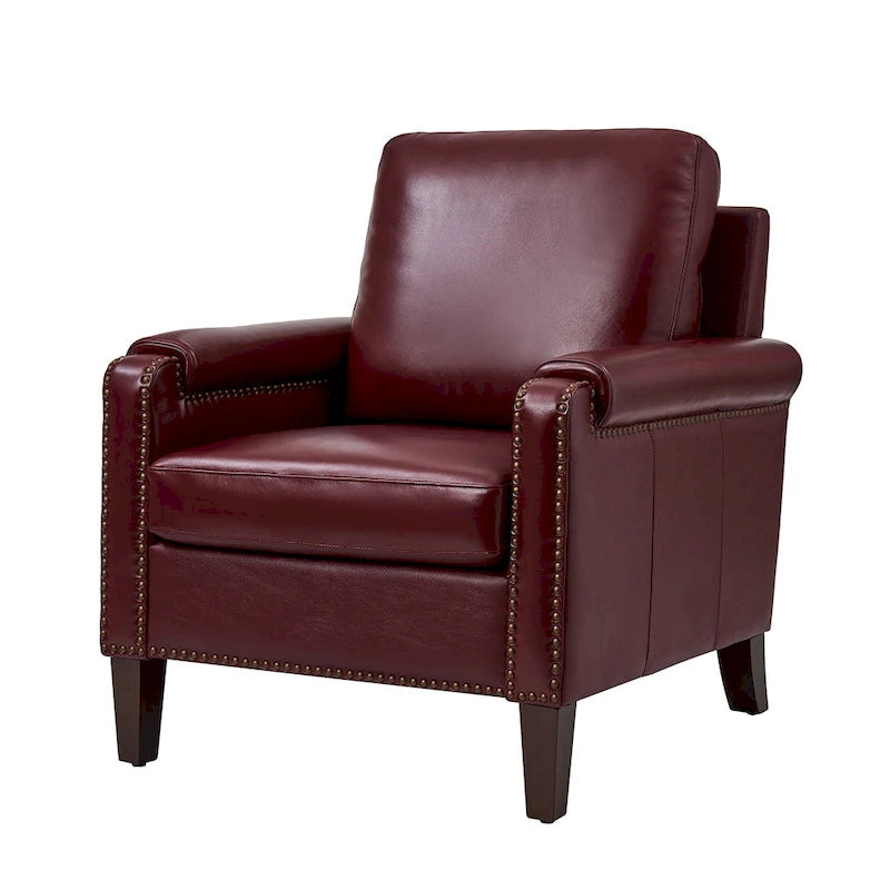 Fauteuil de transition en cuir véritable avec coussin amovible et finitions cloutées