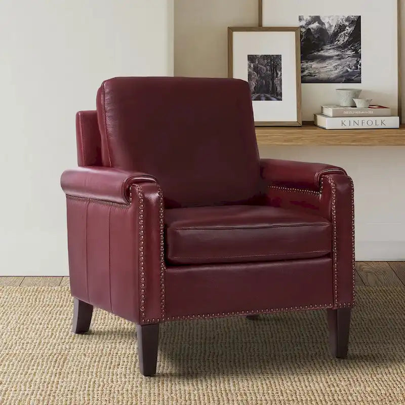 Fauteuil de transition en cuir véritable avec coussin amovible et finitions cloutées