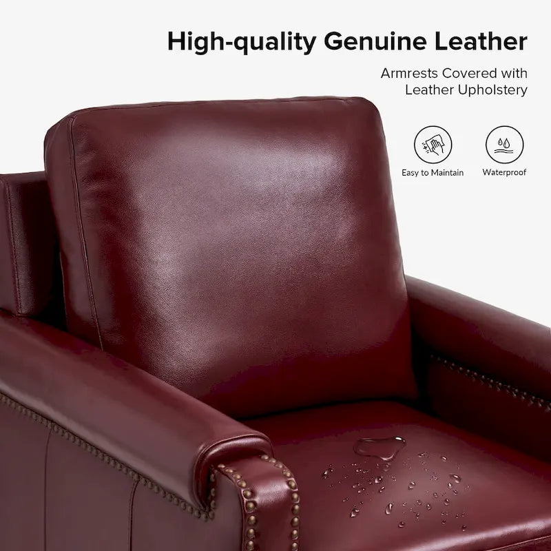 Fauteuil de transition en cuir véritable avec coussin amovible et finitions cloutées