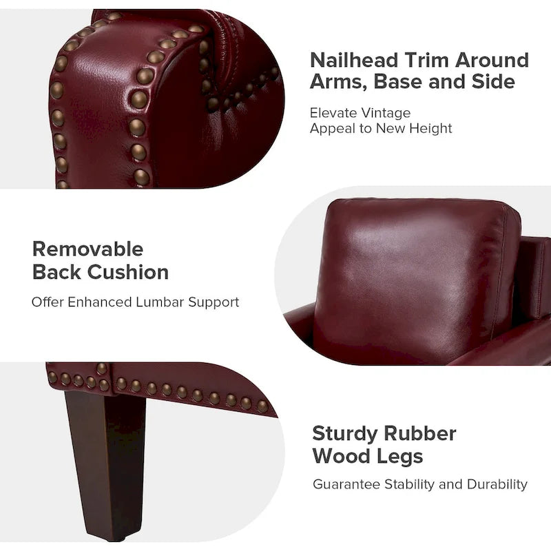 Fauteuil de transition en cuir véritable avec coussin amovible et finitions cloutées