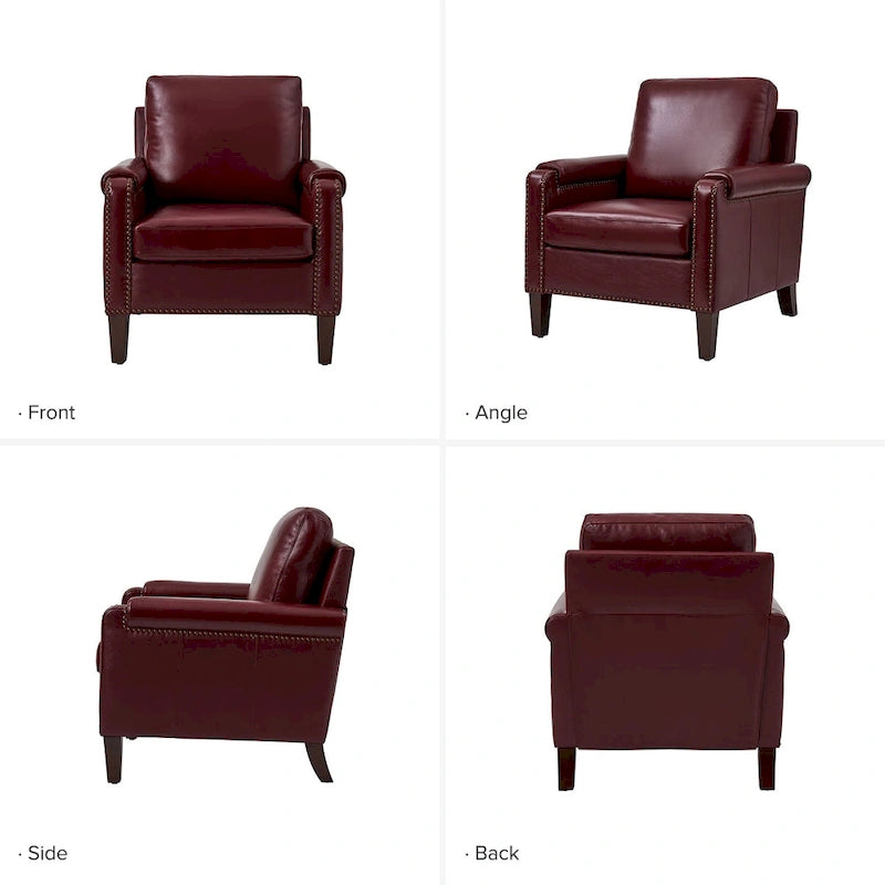 Fauteuil de transition en cuir véritable avec coussin amovible et finitions cloutées