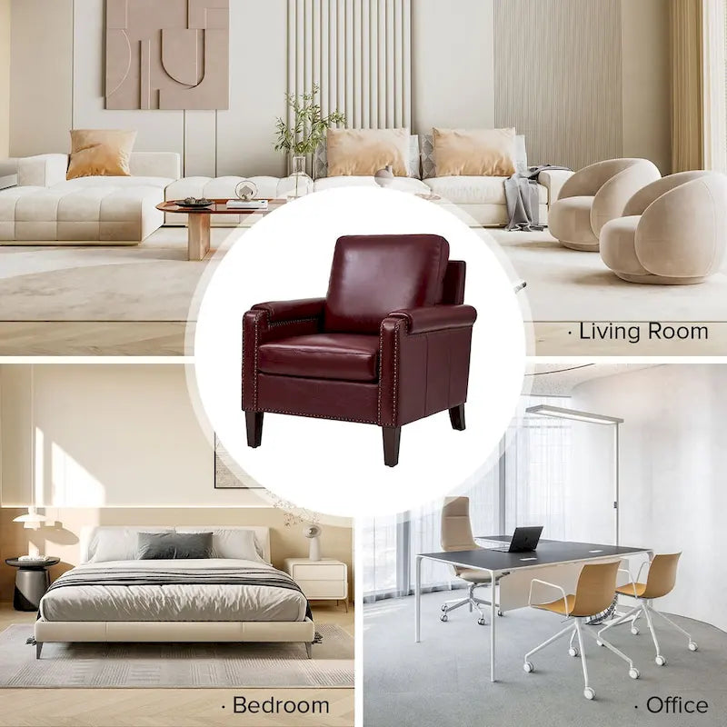 Fauteuil de transition en cuir véritable avec coussin amovible et finitions cloutées