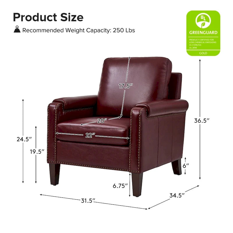 Fauteuil de transition en cuir véritable avec coussin amovible et finitions cloutées