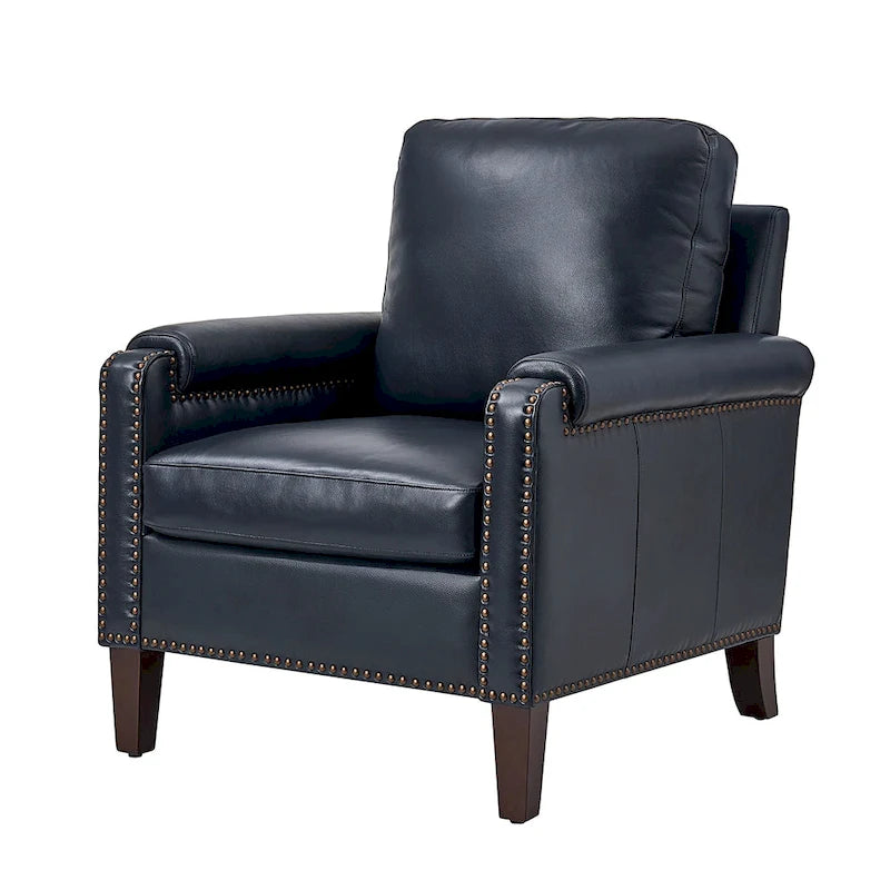 Fauteuil de transition en cuir véritable avec coussin amovible et finitions cloutées