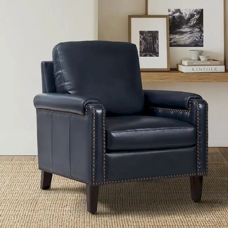 Fauteuil de transition en cuir véritable avec coussin amovible et finitions cloutées