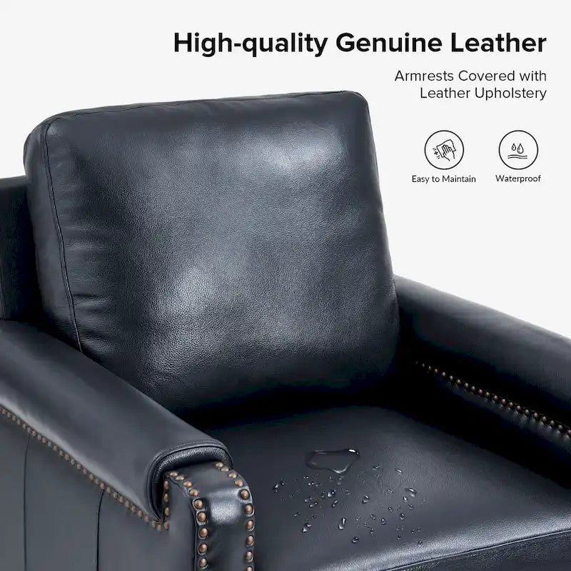 Fauteuil de transition en cuir véritable avec coussin amovible et finitions cloutées