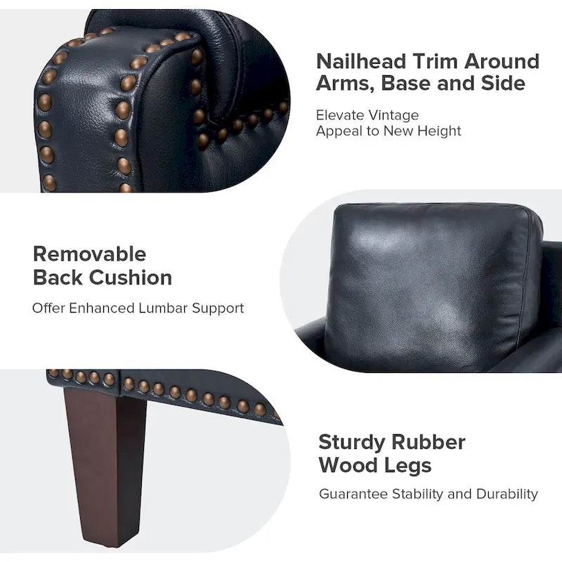 Fauteuil de transition en cuir véritable avec coussin amovible et finitions cloutées