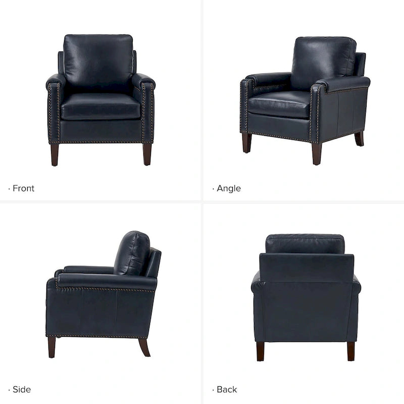 Fauteuil de transition en cuir véritable avec coussin amovible et finitions cloutées