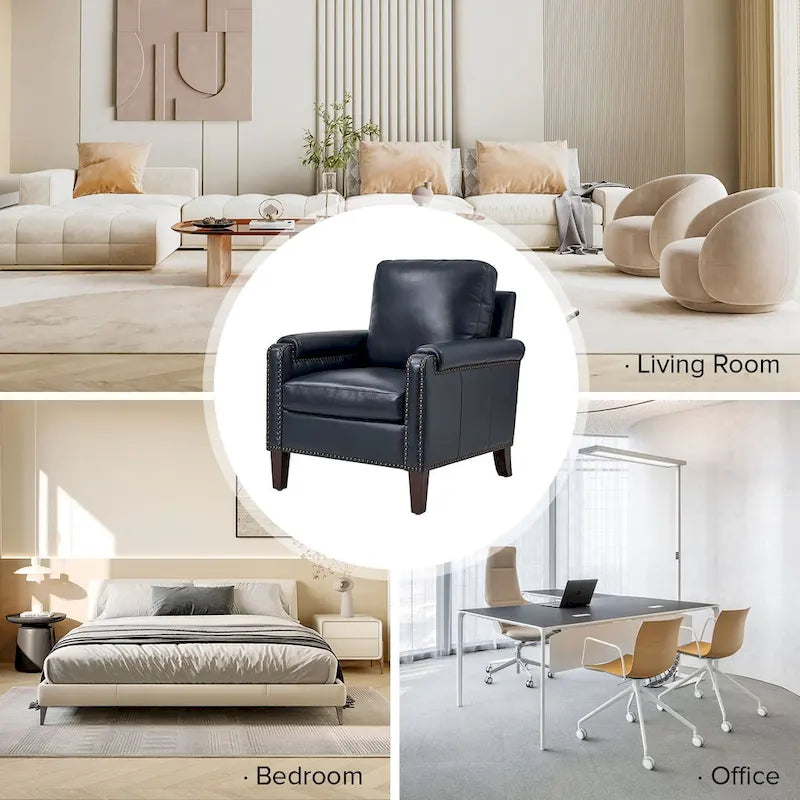 Fauteuil de transition en cuir véritable avec coussin amovible et finitions cloutées