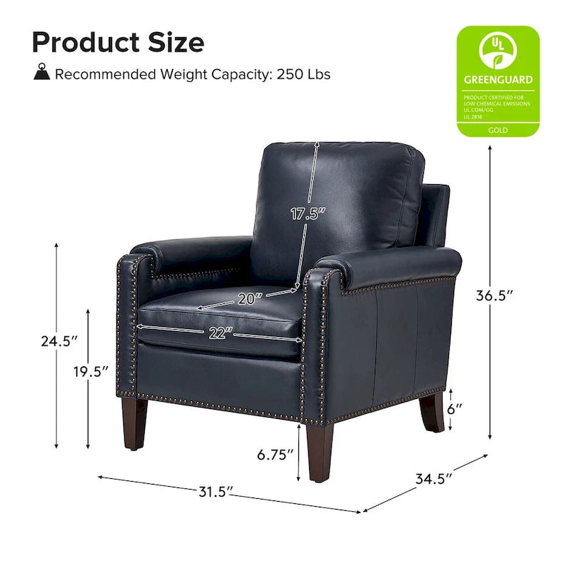 Fauteuil de transition en cuir véritable avec coussin amovible et finitions cloutées