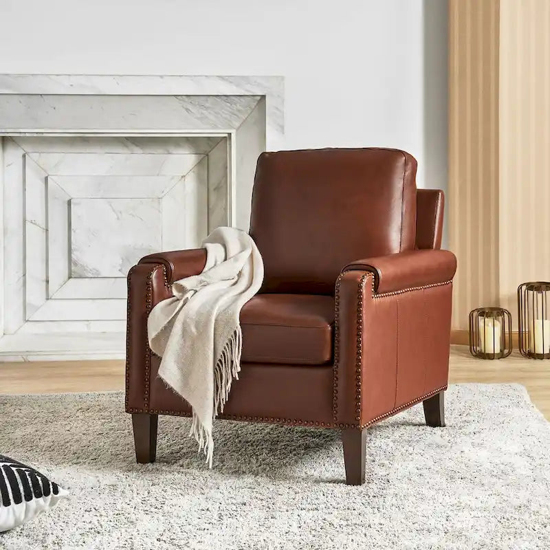 Fauteuil de transition en cuir véritable avec coussin amovible et finitions cloutées