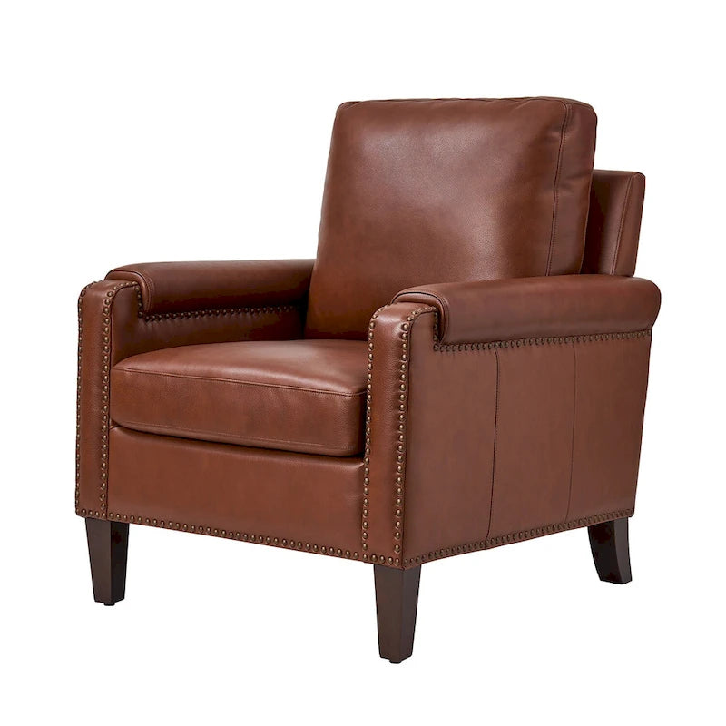 Fauteuil de transition en cuir véritable avec coussin amovible et finitions cloutées