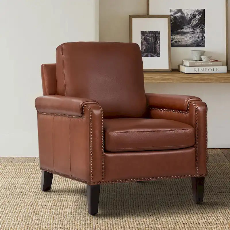 Fauteuil de transition en cuir véritable avec coussin amovible et finitions cloutées