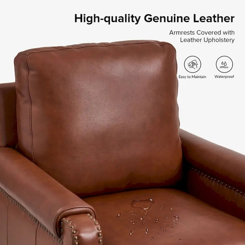 Fauteuil de transition en cuir véritable avec coussin amovible et finitions cloutées