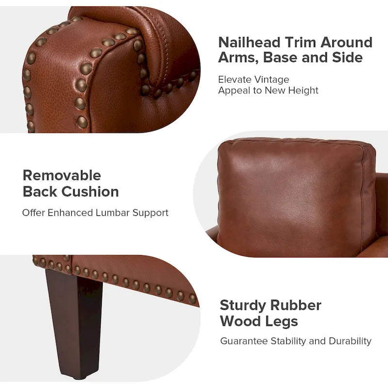 Fauteuil de transition en cuir véritable avec coussin amovible et finitions cloutées