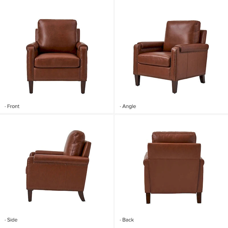 Fauteuil de transition en cuir véritable avec coussin amovible et finitions cloutées