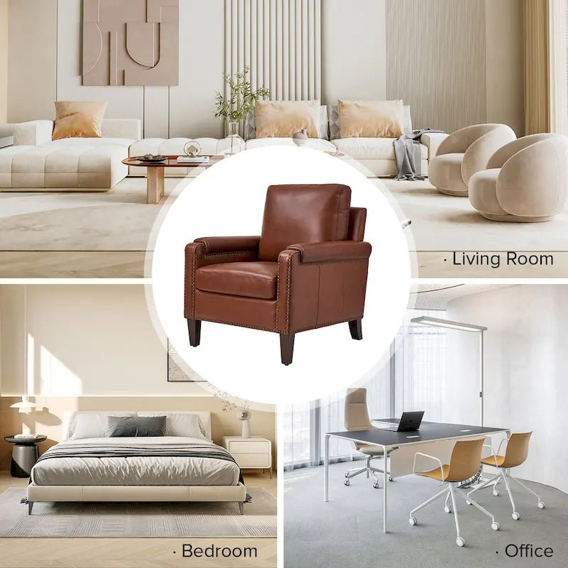 Fauteuil de transition en cuir véritable avec coussin amovible et finitions cloutées
