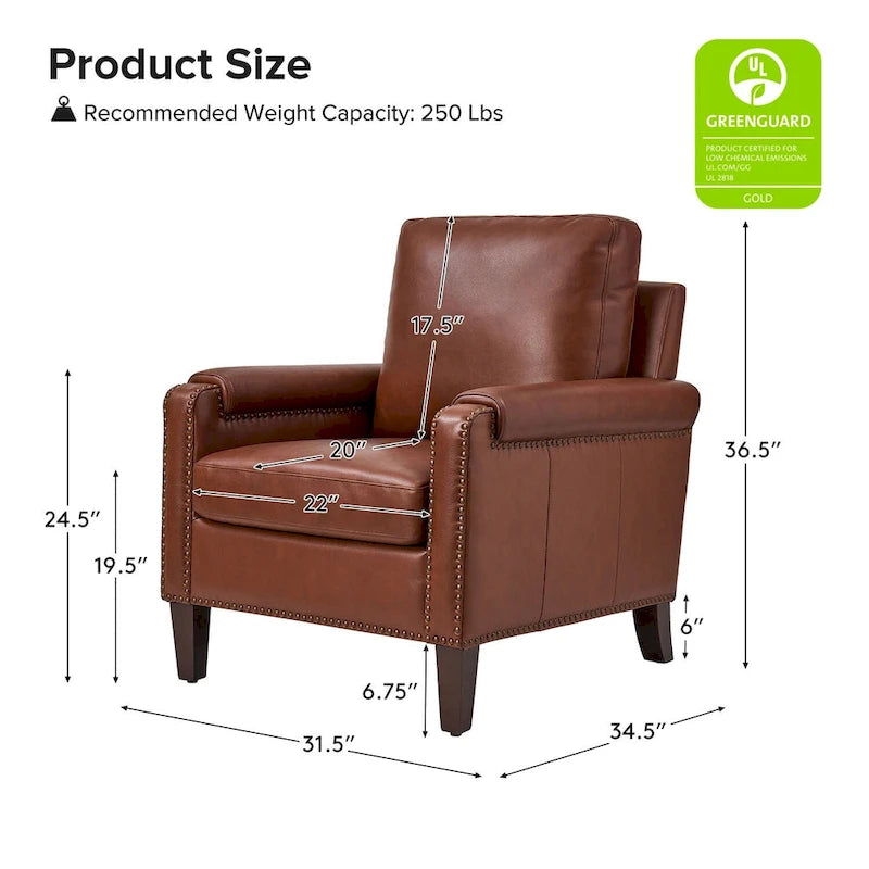 Fauteuil de transition en cuir véritable avec coussin amovible et finitions cloutées