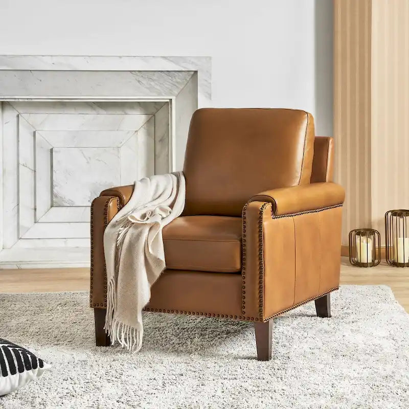 Fauteuil de transition en cuir véritable avec coussin amovible et finitions cloutées