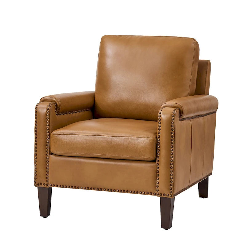 Fauteuil de transition en cuir véritable avec coussin amovible et finitions cloutées