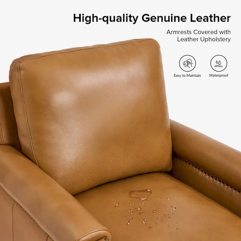 Fauteuil de transition en cuir véritable avec coussin amovible et finitions cloutées