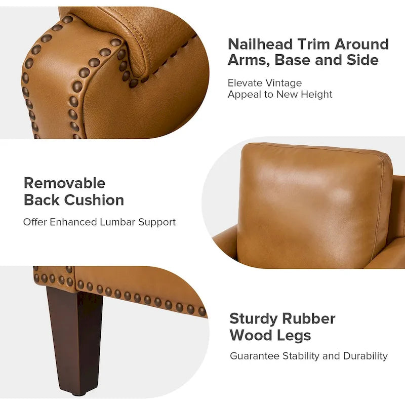 Fauteuil de transition en cuir véritable avec coussin amovible et finitions cloutées
