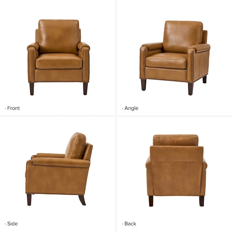 Fauteuil de transition en cuir véritable avec coussin amovible et finitions cloutées