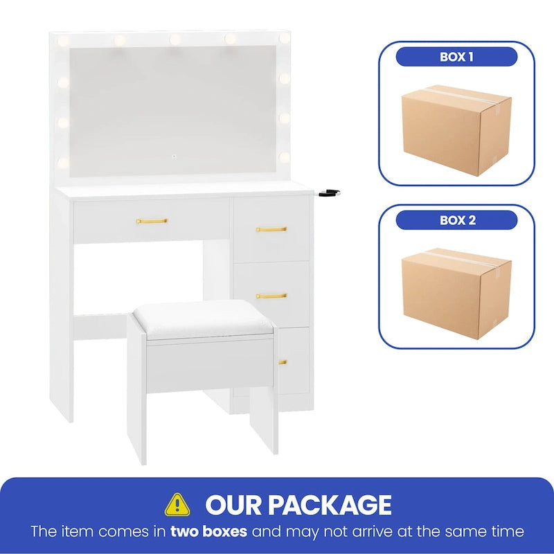 Table de maquillage miroir 35.4 avec tabouret et ampoules - 35,4L x 15,7W x 53,5H