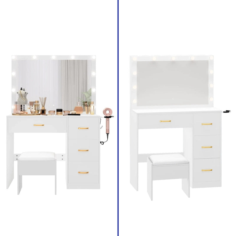 Table de maquillage miroir 35.4 avec tabouret et ampoules - 35,4L x 15,7W x 53,5H