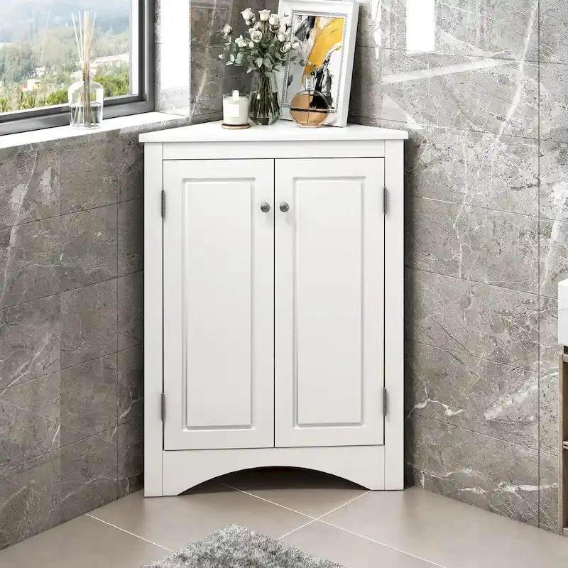 White Triangle Bathroom Storage Cabinet with Adjustable Shelves - 17.2W x 17.2D x 31.5H