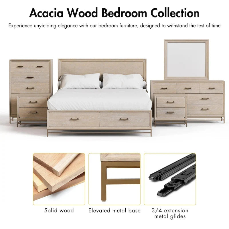 Ensemble de chambre à coucher 2 pièces en bois massif chêne transitionnel, lit et table de nuit